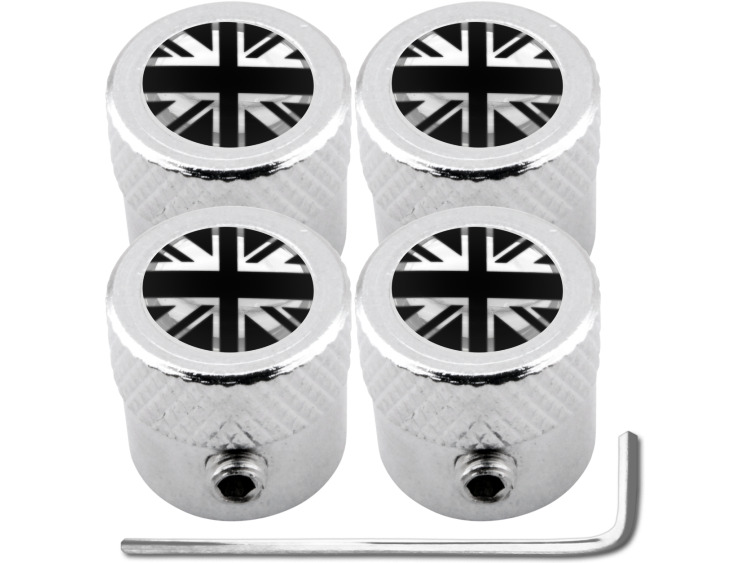 4 Antidiebstahl-Ventilkappen England Vereinigtes K&ouml;nigreich Englisch British Union Jack schwarz & chromfarbig "gestreift"